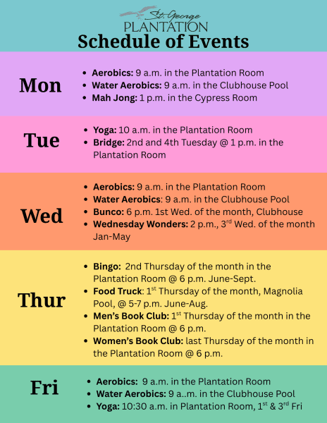 Multi colored flyer with daily activities from Bingo and Bunco to Aerobics and Book Club.