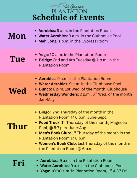 Multi colored flyer with daily activities from Bingo and Bunco to Aerobics and Book Club.