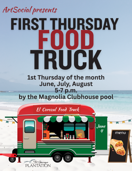 Food Truck First Thursday of the Month. Colorful food truck with beach background.
