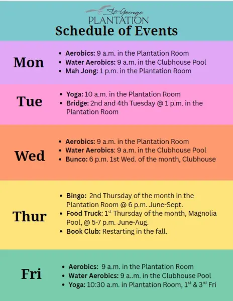 Colorful list of weekly activities.
