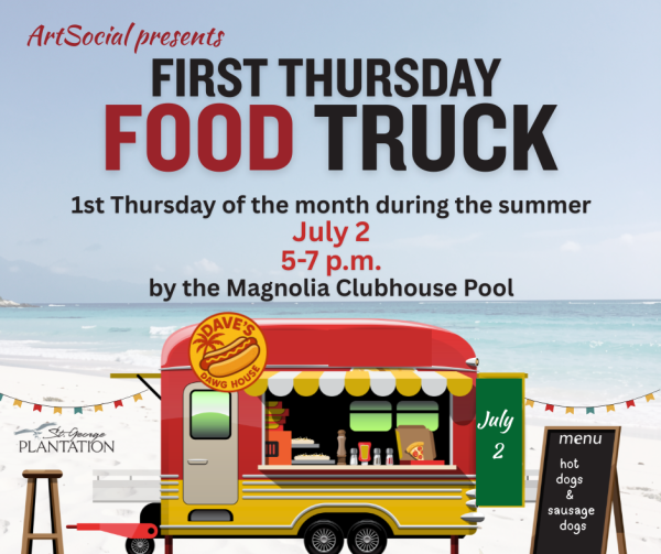 Food Truck first thursday of the month at Mangolia Pool. Colorful red and yellow truck.