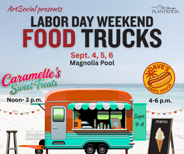 Two food trucks for Labor Day Weekend. Colorful truck with beach backdrop.