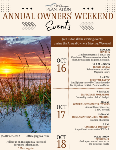 Owners weekend, sunset with list of activities. brown and tan