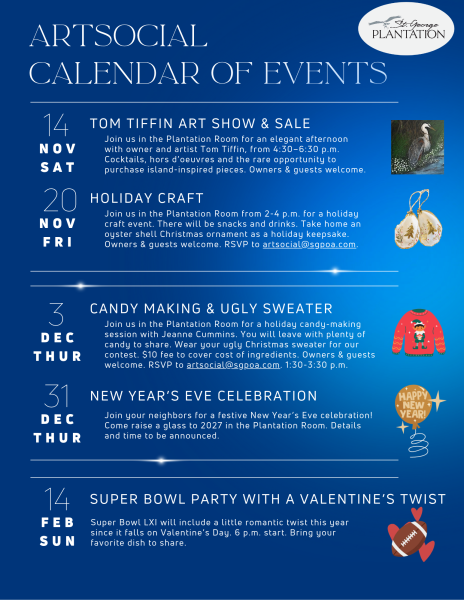 Calendar of upcoming artsocial events with blue background