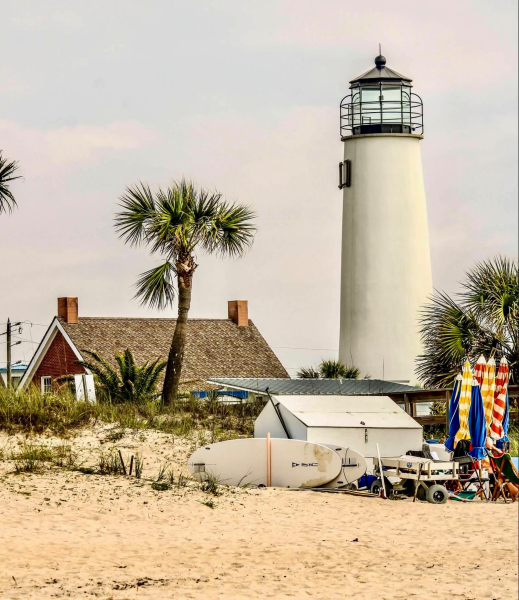 Light house and palms at the center of the island.