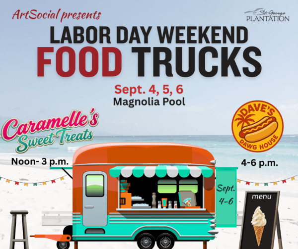 Two food trucks for Labor Day Weekend. Colorful truck with beach backdrop.