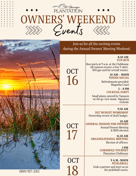 Tentative Schedule for owners' weekend in October. Sunset beach scene